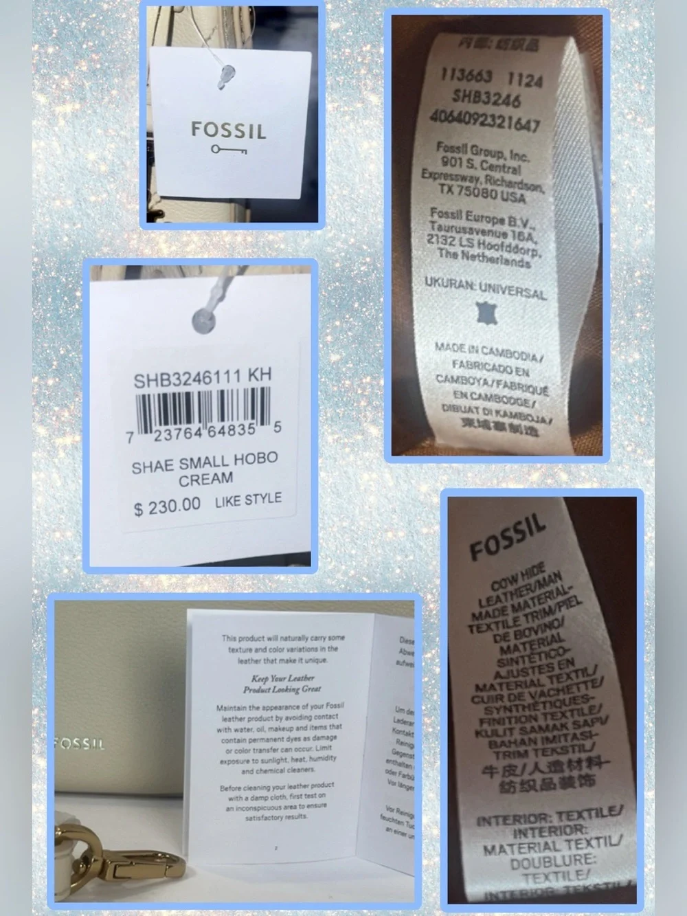NWT Fossil Shae Leather Crescent  Shoulder | Arm | Cross-Body Bag Cream
